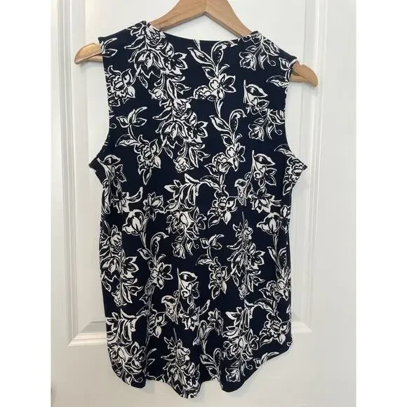 NWT Ann Klein Blouse Top Small Navy White Floral Stretch Office Career Business - Picture 3 of 6